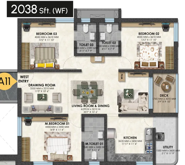 3 BHK Compact floor plan at Raghava Nova